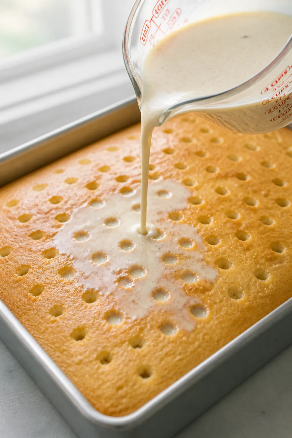 Close-up process shot: Warm, freshly baked vanilla sheet cake in a 9x13 metal pan just out of the ov