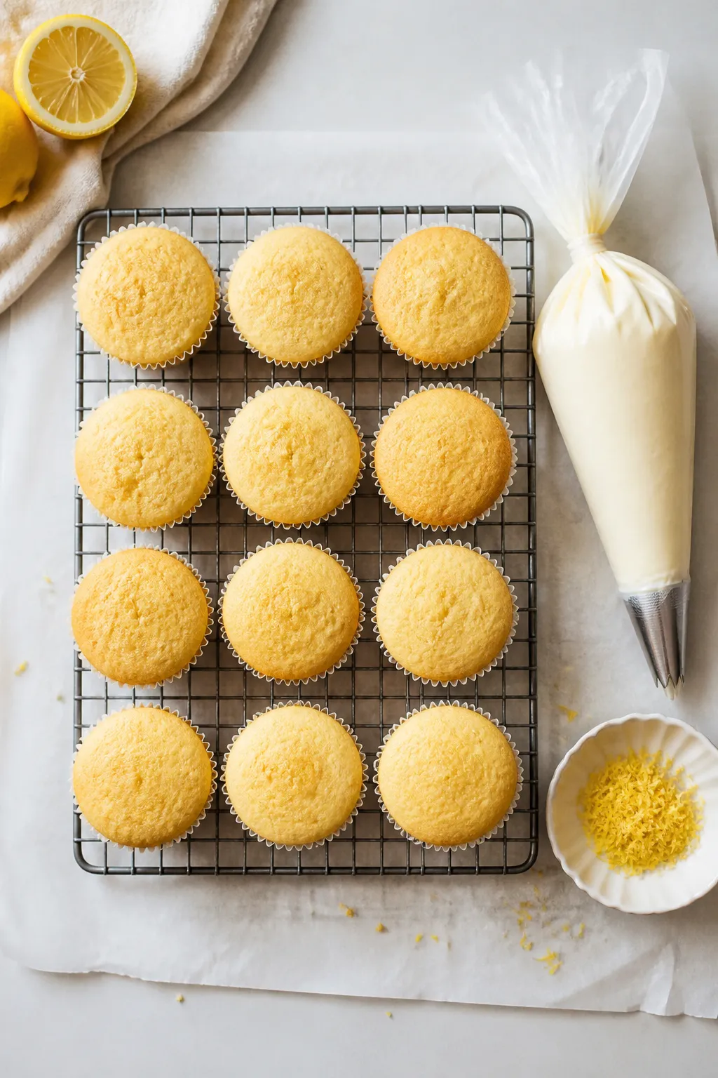 Cooking process: Overhead shot of cooled gluten-free lemon cupcakes on a wire rack just before frost