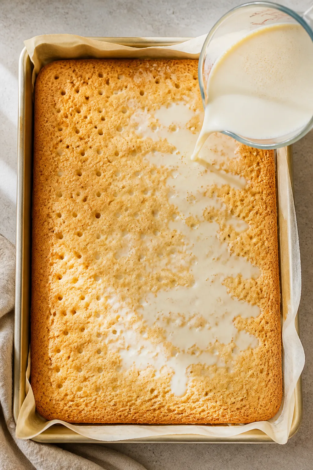 Cooking process: Overhead shot of the freshly baked golden sponge in a 9x13 pan right after poking h