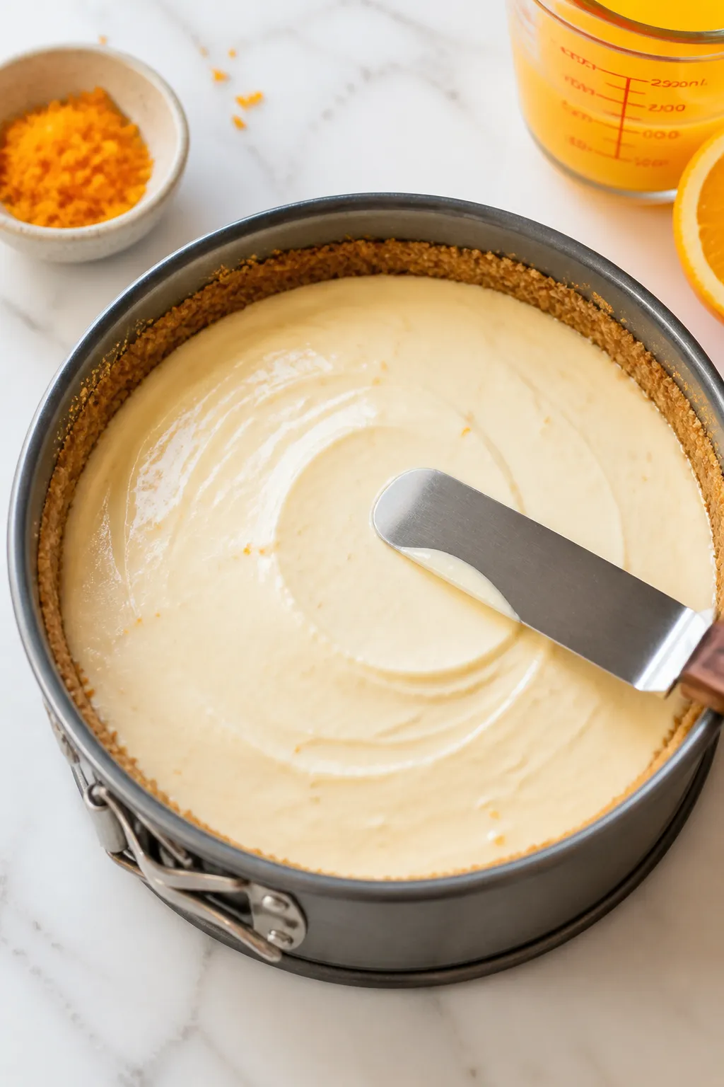 Cooking process: Overhead shot of the springform pan being filled and smoothed—velvety orange-zest
