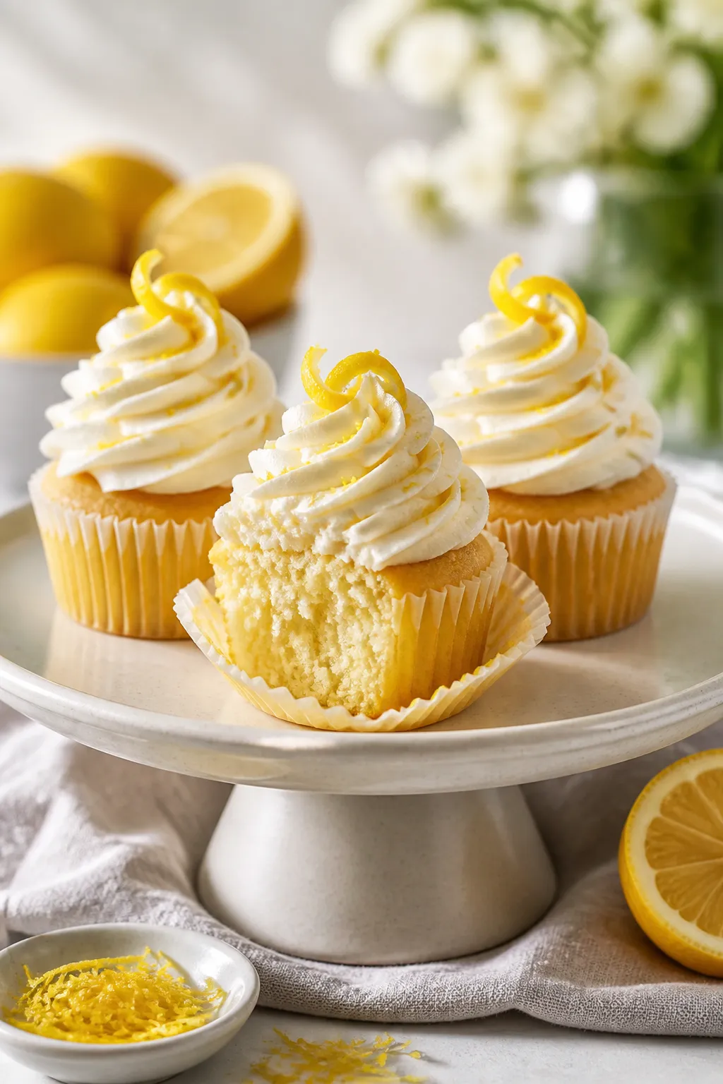 Final dish presentation: Beautifully plated trio of gluten-free lemon cupcakes with tall, silky lemo