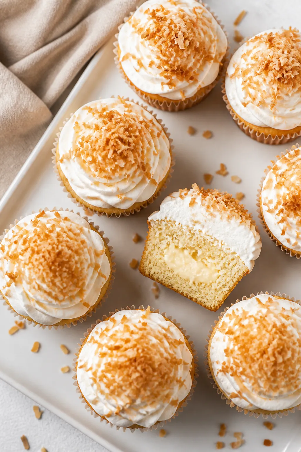Final dish, tasty top view: Overhead shot of coconut cream pie cupcakes on a matte white platter—e