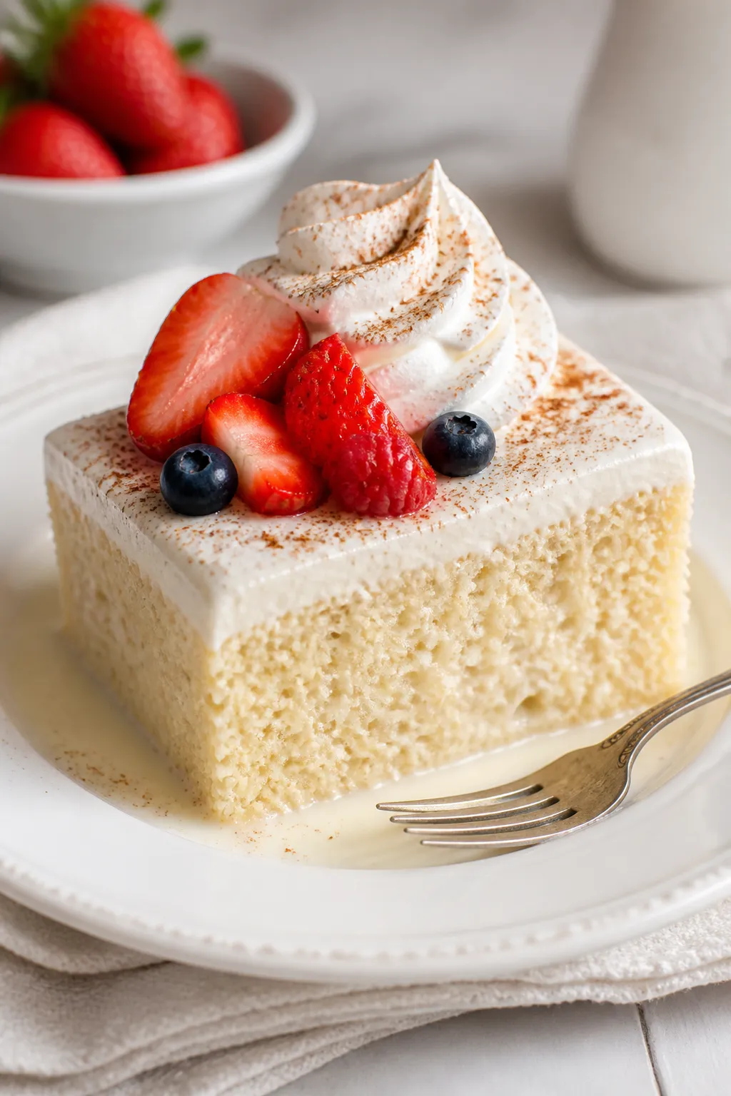 Final plated dessert shot: A neatly sliced, cold square of tres leches cake on a white rimmed desser