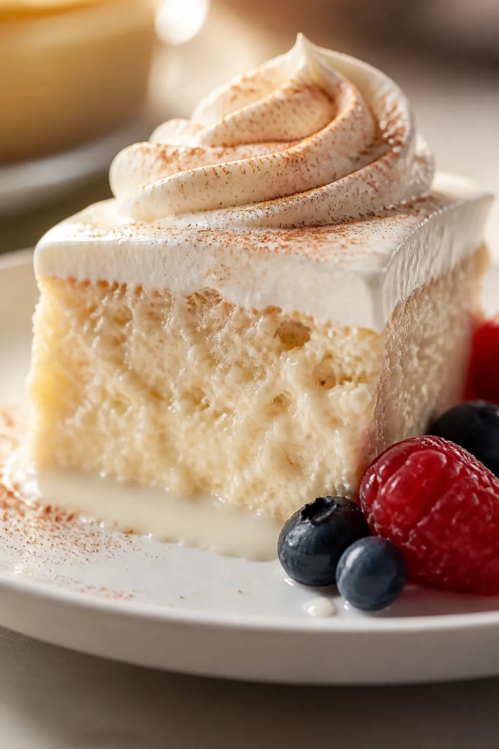 Final plated presentation: a single square slice of tres leches cake on a white dessert plate, side