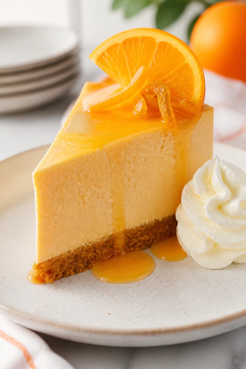 Final plated presentation: A single, tall slice of orange creamsicle cheesecake on a matte ceramic d