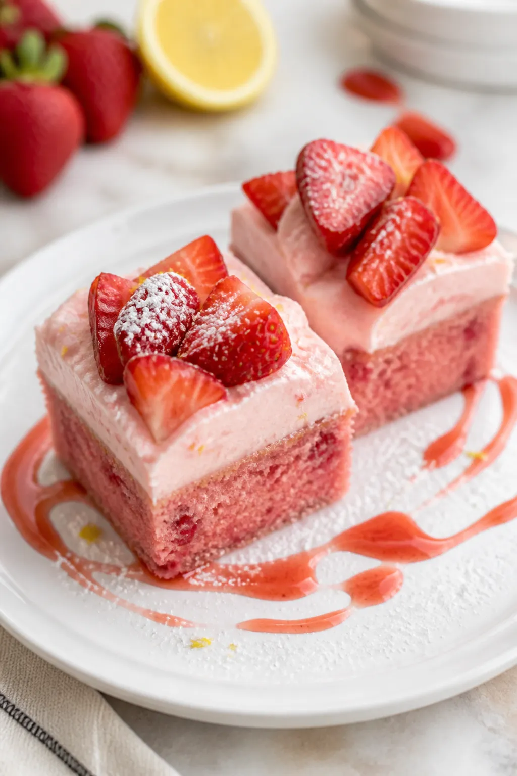 Final plated presentation: two neat squares of gluten-free strawberry cake on a white ceramic plate,