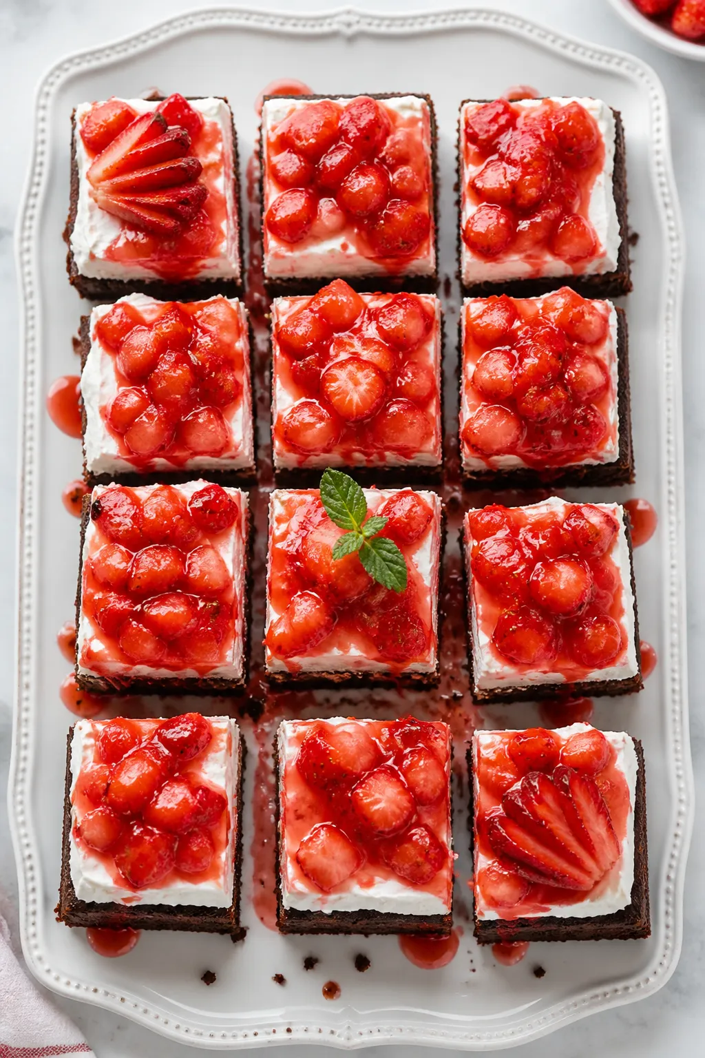 Final presentation overhead: Strawberry shortcake brownies sliced into neat squares, topped with a t