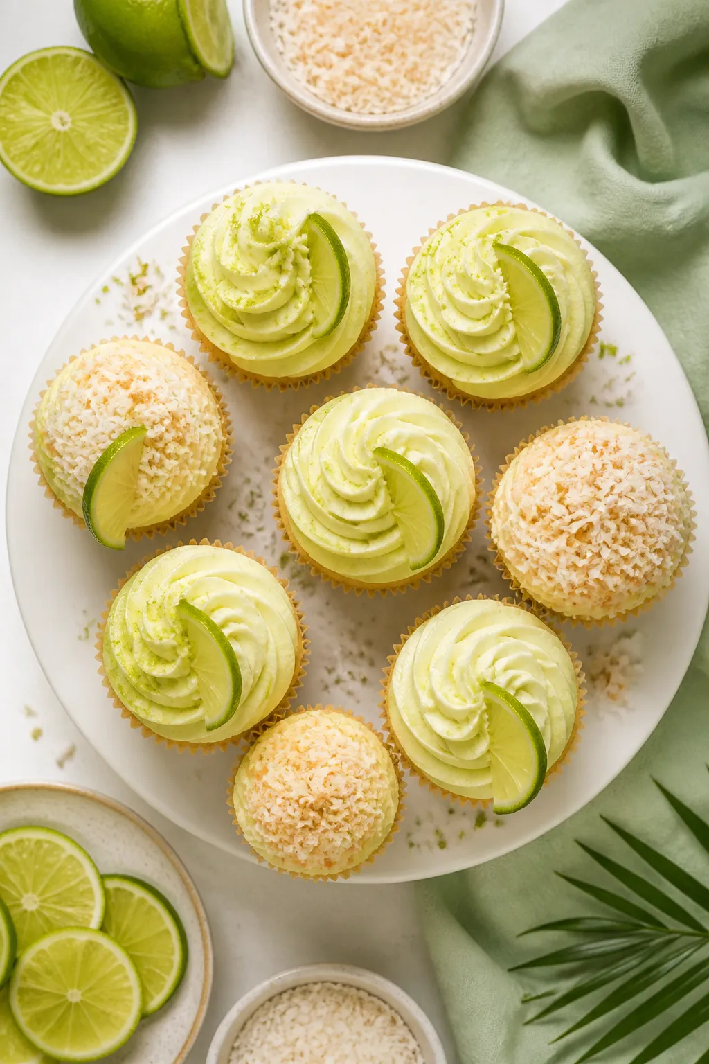 Overhead final presentation: a bakery-style arrangement of coconut cupcakes topped with tall lime bu