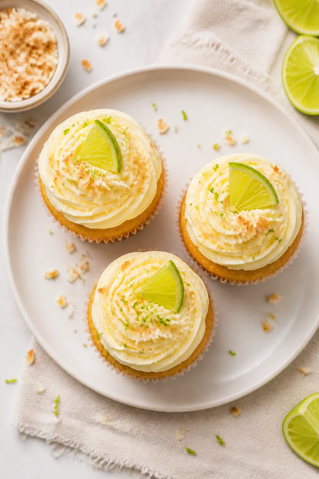 Overhead final presentation: A trio of frosted Coconut Lime Cupcakes on a matte white plate, each to