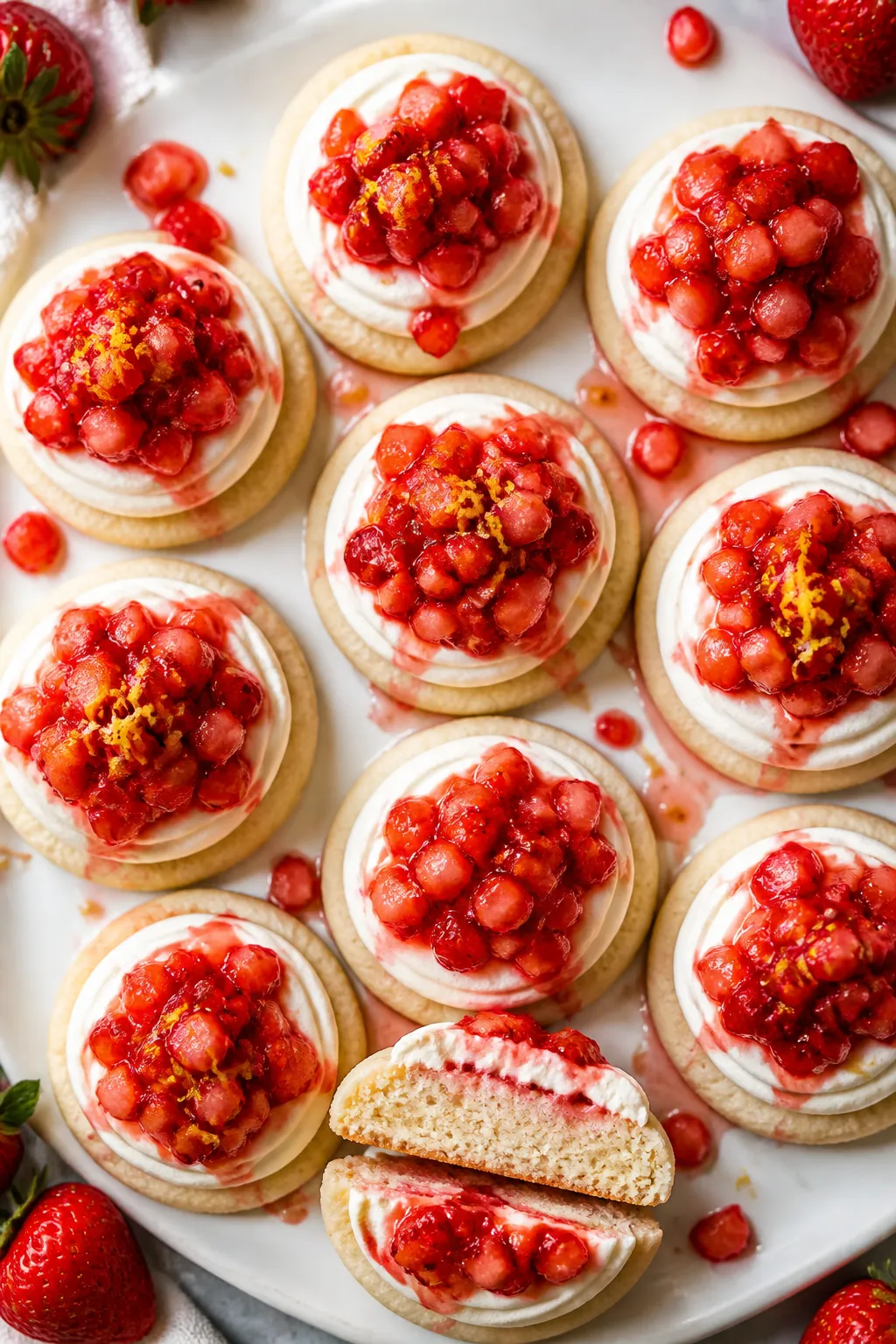 Overhead final presentation: Fully assembled strawberry shortcake sugar cookies on a matte white pla