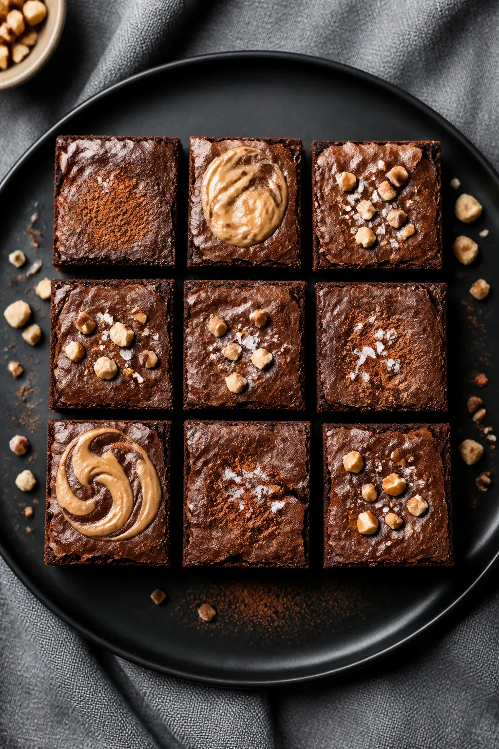 Overhead final presentation of a neatly arranged grid of 2x2-inch keto brownies on a matte black pla