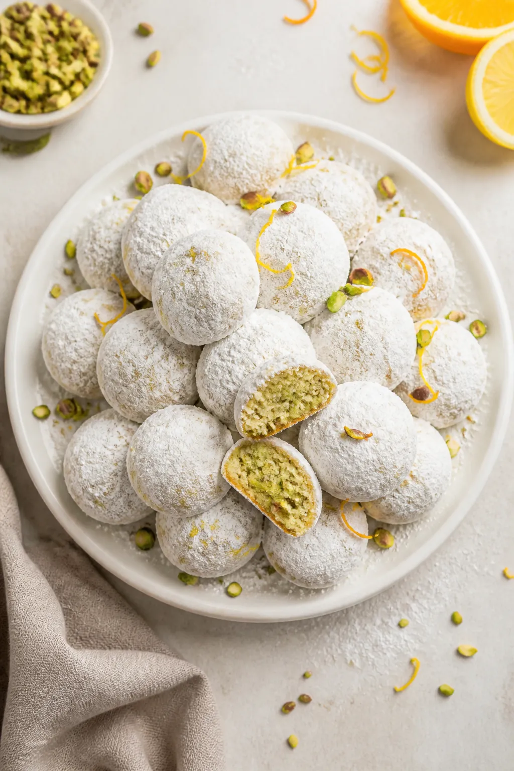 Overhead final presentation of pistachio wedding cookies after the second sugar roll: a heaping pile