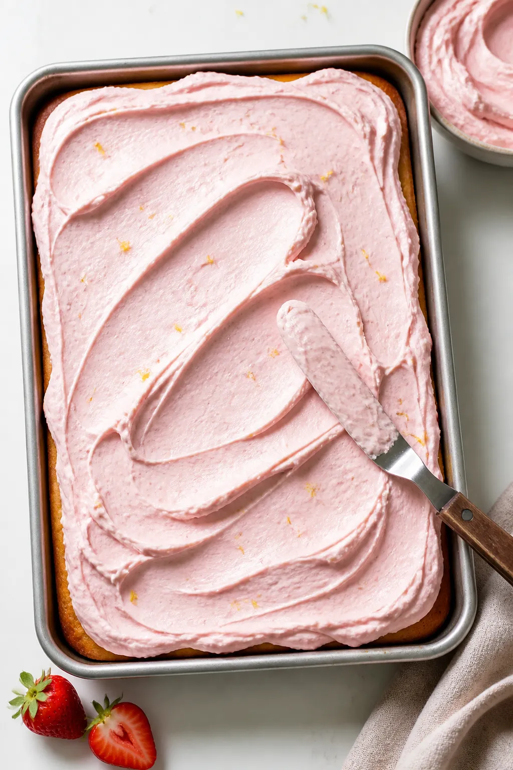 Overhead shot of a 9x13 sheet of gluten-free strawberry cake being frosted: silky strawberry cream c