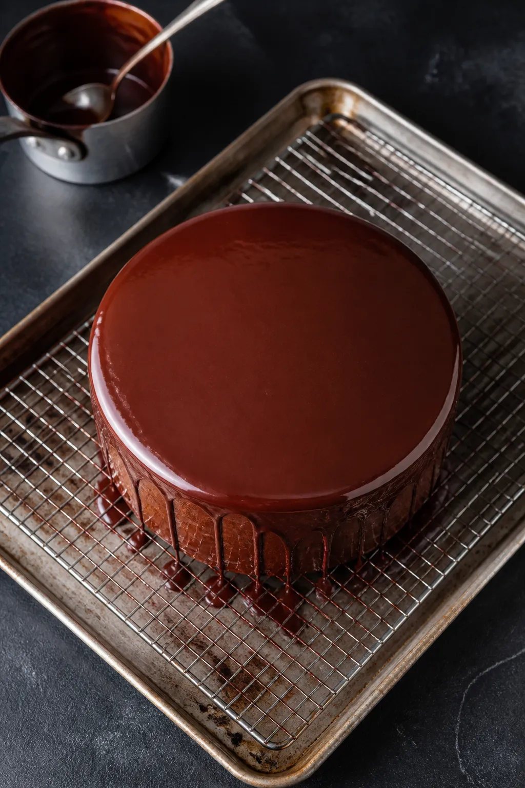 Overhead shot of a fully assembled Ding Dong Cake on a wire rack set over a sheet tray, just-glazed