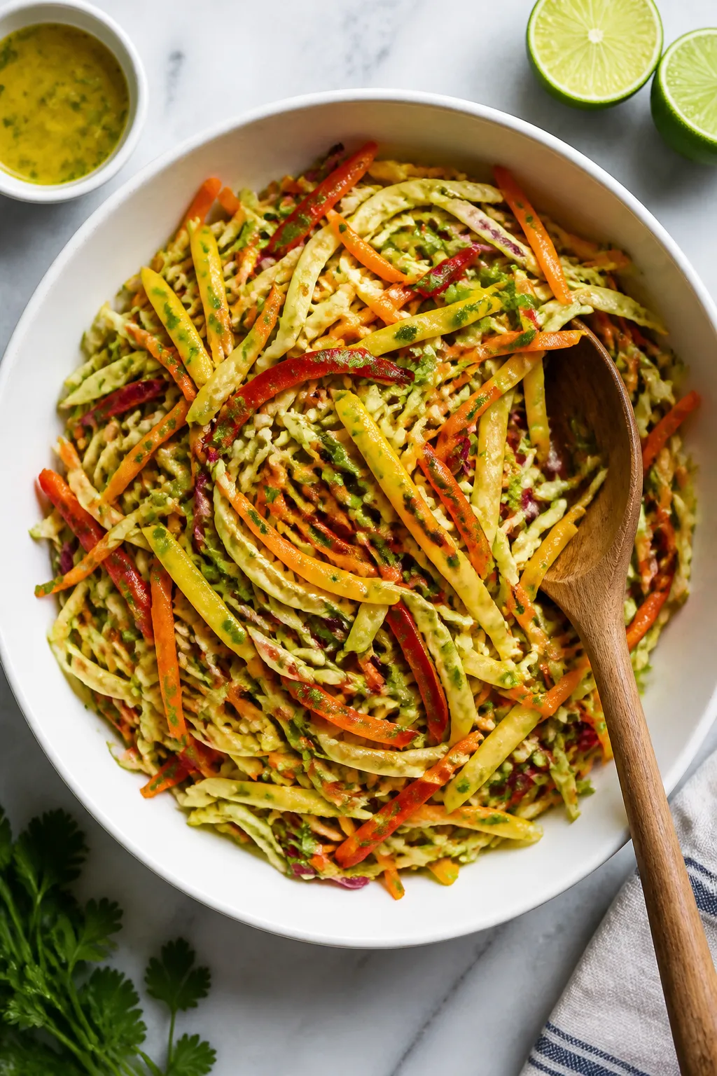 Overhead shot of Fresh Delicious Mango Slaw just after tossing: glossy cabbage ribbons (green and a