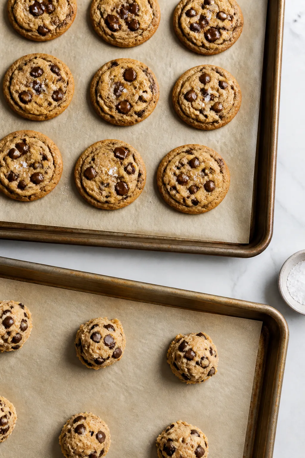 Overhead shot of freshly baked gluten-free chocolate chip cookies cooling on parchment-lined sheet t