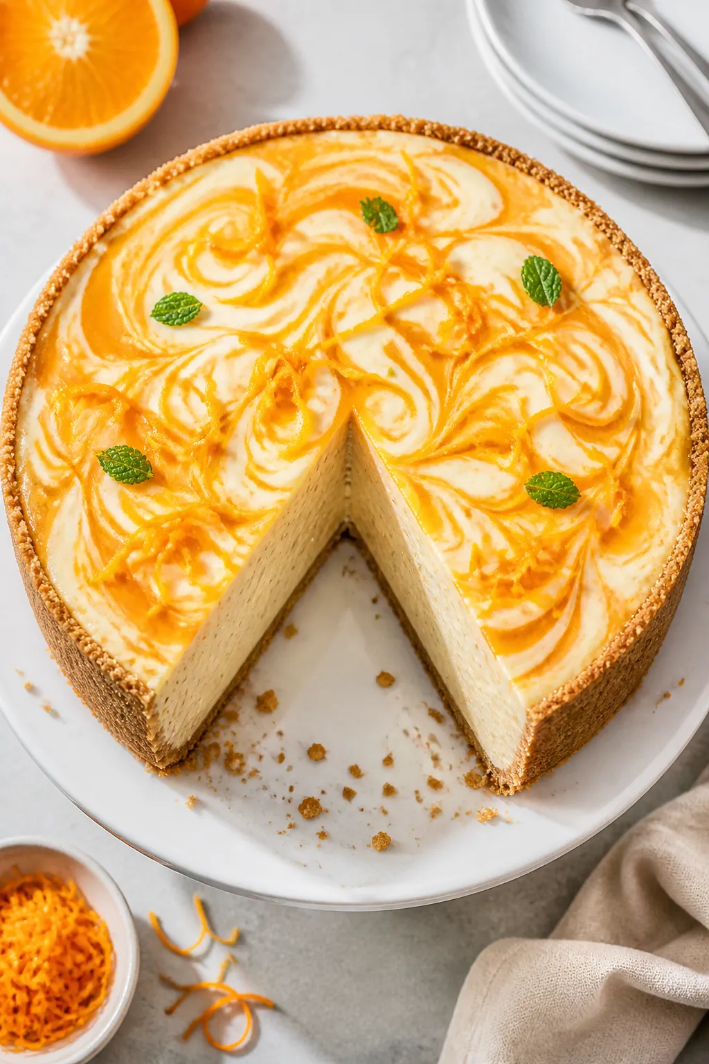 Tasty top view: Overhead shot of the chilled, fully set orange creamsicle cheesecake on a white cake