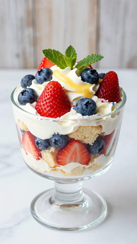 A high-resolution, hyper-realistic food photograph of a Firecracker Berry Trifle in a clear glass trifle dish, styled for a Fourth of July dessert feature. The dish showcases vibrant alternating layers of cubed angel food cake, glossy red strawberries, deep blue blueberries, and airy whipped cream with a silky lemon curd swirl, culminating in a festive, light and indulgent look. The trifle sits on a pristine white marble surface with a subtle rustic wooden backdrop. Garnish with a few fresh mint leaves and tiny edible sparks (suggestive decorative bokeh or micro sugar shards in red, white, and blue) to evoke fireworks, ensuring the main subject—this trifle—dominates the frame. Lighting is bright and natural, highlighting the creamy texture, juicy fruit, and delicate cake crumb, with a shallow depth of field to softly blur the background while keeping the layers crisp and appealing. No text on the image.