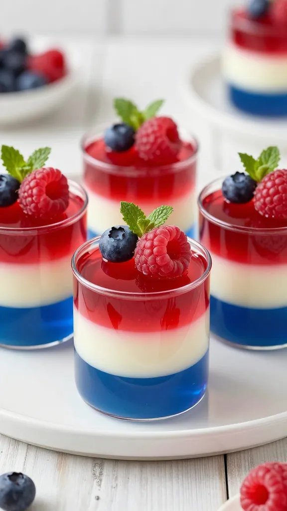 A high-resolution, photorealistic image of red, white, and blue layered gelatin cups arranged on a sleek white serving tray. The cups are clear, revealing distinct horizontal layers: a vibrant red layer at the top, a creamy white middle, and a rich blue bottom, with a glossy, jiggly surface. Each cup is garnished with a few fresh berries on top (blueberries and raspberries) and a small sprig of mint for color contrast. The lighting is bright and natural, highlighting the glossy texture and the translucence of the gelatin. In the background, a soft-focus kitchen or picnic-table setting with a light, airy feel and subtle patriotic decor (e.g., tiny red, white, and blue accents) creates context without distracting from the cups. The composition centers the cups in a shallow depth of field, emphasizing the layered colors and the inviting, refreshing appearance of the dessert. No text on the image.