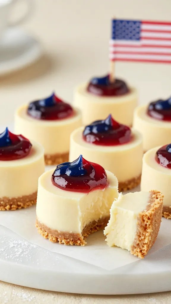 A close-up, high-resolution food photograph of patriotic no-bake cheesecake bites arranged on a white marble platter. The bites are mini, with a creamy, pale cheesecake filling visible in smooth, bite-sized cylinders topped with swirls of red and blue fruit jam. The crust is made from crushed graham crackers blended with melted butter, forming a golden-brown edge at the base. The composition includes a few bites placed on a crisp, square parchment liner, with one bite cut to reveal the creamy interior. Background features soft, neutral tones (cream and light beige) with subtle bokeh from natural light, a tiny American flag toothpick garnish, and a light dusting of powdered sugar around the platter. The main subject should be the "Patriotic No-Bake Cheesecake Bites" as described, presented in an elegant, enticing style that emphasizes texture—the crumbly crust, creamy filling, and glossy jam swirls.
