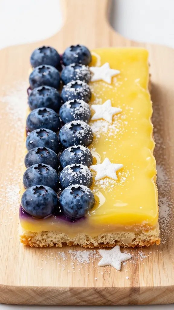 A high-resolution, hyper-realistic food photograph of Lemon Blueberry Flag Bars sliced and displayed on a clean, light wooden board. The main subject should be the bright lemon curd and juicy blueberries layered on a buttery shortbread base, arranged in a precise flag pattern: a vertical blue field of blueberries on the left and a lemon-yellow stripe on the right, with a few generously dusted powdered sugar stars scattered around for a subtle patriotic touch. The bars are cut cleanly to reveal the distinct layers and a neat, square shape, with a soft shadow to emphasize texture. Studio lighting to enhance the glossy lemon curd, glistening blueberries, and crumbly shortbread, a shallow depth of field to keep the bars in sharp focus while softly blurring the background. No text.