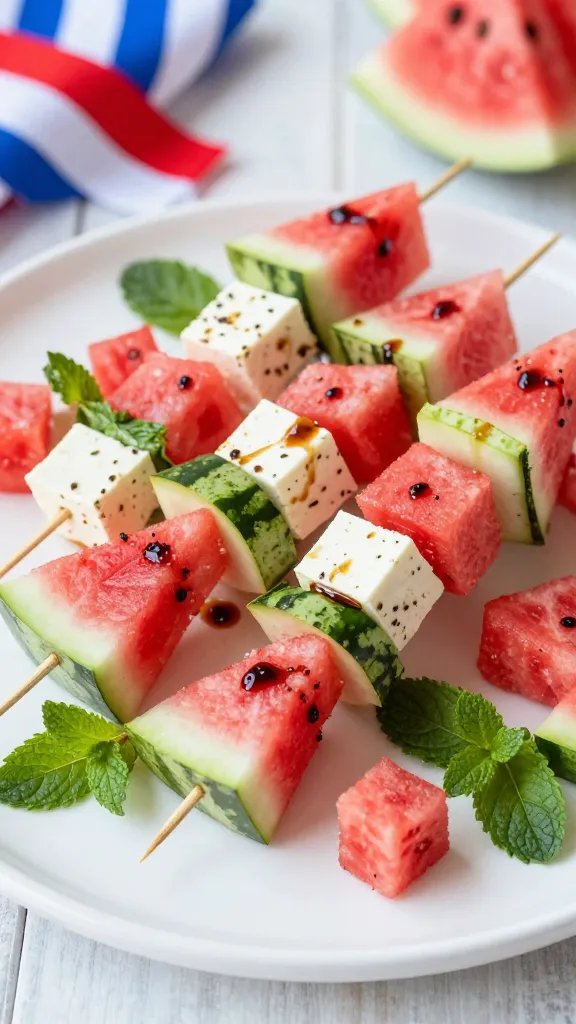 A high-definition, hyper-realistic food photography shot of a platter featuring Watermelon Feta Pops on skewers arranged in an artful fan or cluster. Each skewer alternates juicy watermelon cube, small fresh mint leaf, and a cubed feta block, finished with a delicate balsamic glaze drizzle for a subtle glossy sheen. The skewers are displayed on a clean, white ceramic platter or slate board, with a few extra mint sprigs and scattered watermelon cubes to add color variety. The scene is lit with natural window light to emphasize the bright pinks, crisp whites, and emerald greens, capturing the juicy textures of the watermelon, the crumbly feta, and the fresh mint. In the background, hints of Fourth of July vibe can be conveyed through soft, out-of-focus red, white, and blue accents (such as a ribbon or napkin) without text, ensuring the watermel­on feta pops are the main subject. The composition should feel refreshing, festive, and photogenic, suitable for a food magazine spread.