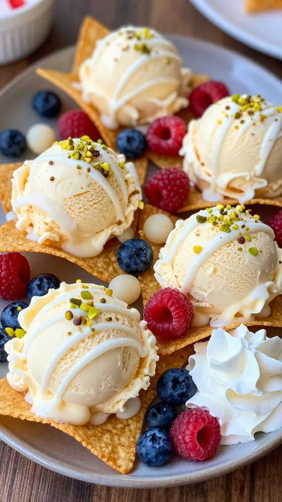 A close-up, high-contrast food photograph of a festive ice cream nachos platter that clearly showcases the main subject: a playful dessert that combines crispy tortilla "nachos" with scoops of vanilla ice cream, arranged on a large, elegant serving platter. The scene features 4 cups of softened vanilla ice cream shaped into generous dollops on crisp tortilla triangles, with melted white chocolate drizzles glistening over the top. Scatter fresh raspberries and blueberries in red, white, and blue accents, plus a light dusting of crushed pistachios for a pop of green. A dollop of whipped cream sits beside the platter to emphasize indulgence. The background is softly blurred to keep the focus on the plated dessert, with warm, natural lighting highlighting the glossy ice cream and bright berries, capturing a celebratory Fourth of July vibe without text on the image.