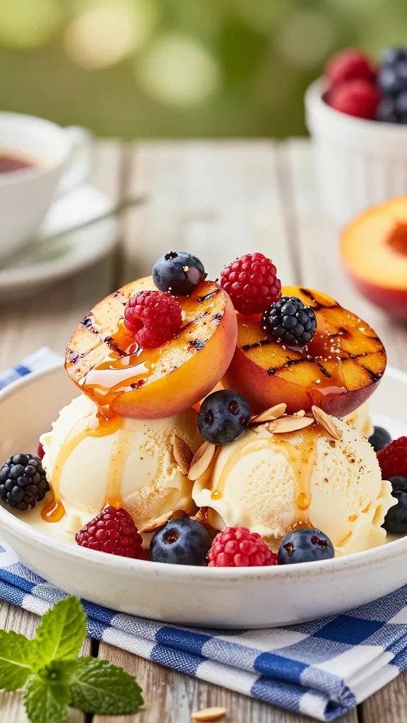 A high-resolution, hyper-realistic food photograph of a plated Grilled Peach and Berry Sundae Smash for a Fourth of July celebration. Center the composition on a rustic white ceramic bowl or shallow dish layered with two scoops of vanilla ice cream, topped with two caramelized peach halves showing grill marks and juicy, vibrant berries tossed with a light honey-cinnamon glaze. Scatter sliced almonds for crunch around the rim and a gentle drizzle of honey over the sundae. Surround the dish on a wooden picnic table with a subtle blue-and-white checkered napkin, a sprig of fresh mint for color contrast, and a soft bokeh background suggesting a sunny outdoor barbecue. Capture warm, natural lighting with shallow depth of field to emphasize the glossy textures of the ice cream, peaches, and berries, and ensure the main subject—Grilled Peach and Berry Sundae Smash—reads as festive, indulgent, and summery without any visible text.