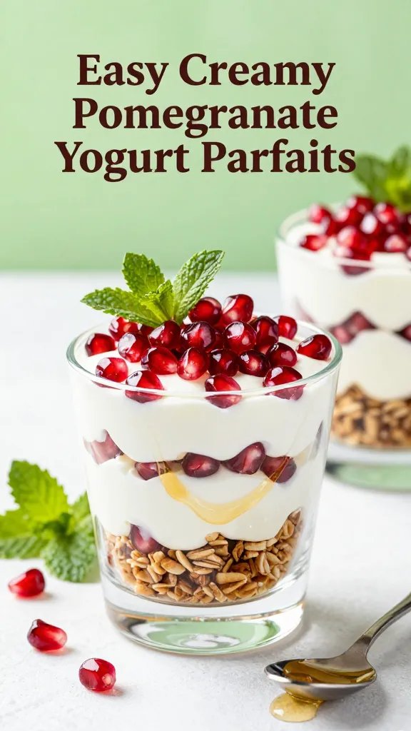A high-resolution, photo-realistic image of an elegant dessert setup titled “Easy Creamy Pomegranate Yogurt Parfaits.” Frame a clear, transparent cup prominently in the foreground, showcasing distinct, neatly layered sections of creamy Greek yogurt, ruby pomegranate seeds, and crunchy granola, with a delicate drizzle of honey winding through the layers. Surround the cup with a soft, summer-green background and a few fresh mint sprigs for garnish, plus a small drizzle of honey on a nearby spoon to add a subtle shine. Use natural light to create gentle highlights and shadows, emphasizing the parfait’s textures—creamy yogurt, juicy seeds, and granola crunch. Ensure no text appears in the image, and the composition feels inviting for a Fourth of July dessert round-up, with vibrant colors and a clean, sophisticated look suitable for a food publication.