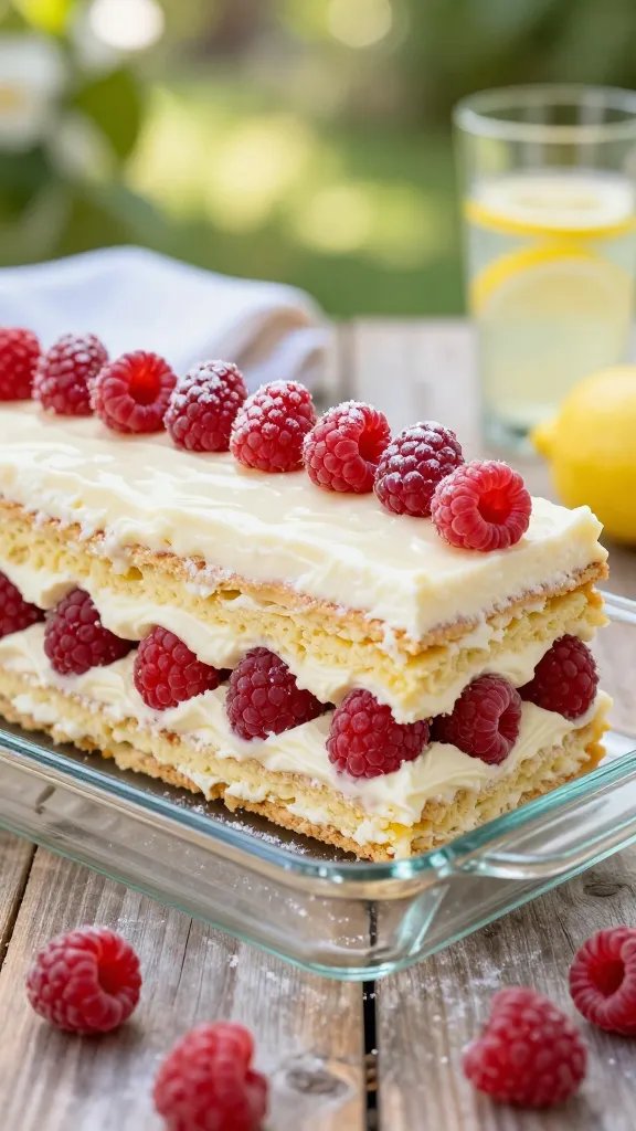 A high-resolution, photorealistic close-up of a layered Citron Raspberry Icebox Cake sitting elegantly on a chilled glass loaf pan, set on a rustic wooden surface. The cake reveals distinct layers of lemon sandwich cookies, airy whipped cream, and plump fresh raspberries, with a pale yellow-cream color from the lemon cookies. The top is smooth and glossy with a light dusting of powdered sugar, and a few raspberry halves artfully arranged along the edge. The background features a soft-focus summer backyard picnic scene with sunlight filtering through greenery, a glass of lemonade nearby, and a subtle breeze causing a napkin to flutter. The lighting is bright and natural, emphasizing the creamy texture and vibrant red raspberries, with shallow depth of field to keep the cake as the crisp focal point, no text or branding visible.