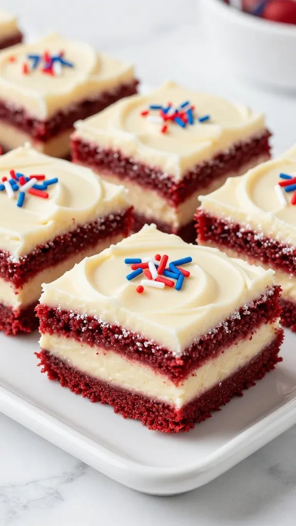A high-resolution, studio-style food photograph of Red Velvet Cream Cheese Bars with a Firecracker Finish. The scene features a large, neatly sliced bars arranged on a pristine white rectangular platter, showing vibrant deep red velvet layers with a smooth, glossy cream cheese frosting swirled and gently terted between the bars. The frosting is pale ivory, with slight ridges from a spatula, and a delicate dusting of powdered sugar around the edges on a clean, crisp white marble backdrop. Garnish with a few red, white, and blue confetti sprinkles and tiny edible sparkler toppers to evoke a festive Fourth of July vibe, without being overpowering. The lighting is bright and natural, highlighting the velvety crumb, the frosting’s sheen, and the contrast between red cake and white frosting. Include a subtle, shallow depth of field so the front bars are in sharp focus while the background remains softly blurred. No visible text or branding in the image.