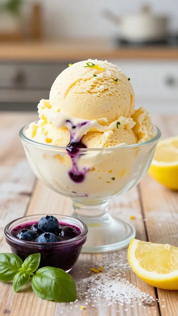A high-resolution, photorealistic dessert scene featuring a chilled blueberry basil lemon ice cream scoop as the main subject, placed in a frosted glass dessert bowl on a rustic wooden table. The scoop should have a creamy, pale lemon color with specks of lemon zest and tiny green basil ribbons visible, and a glossy blueberry swirl folded subtly into the scoop. Beside the bowl, a small clear ramekin contains a vibrant blueberry-lemon sauce with a few fresh basil leaves for garnish. Surrounding elements include a sprig of fresh basil, a thin lemon wheel with zest, and a light dusting of powdered sugar on the table for a delicate finish. The lighting is bright and natural, highlighting the creamy texture of the ice cream, the glossy berry sauce, and the fresh botanical accents, with a softly blurred, sunlit kitchen backdrop in the distance to evoke a summery, upscale dessert feel. No text overlays.