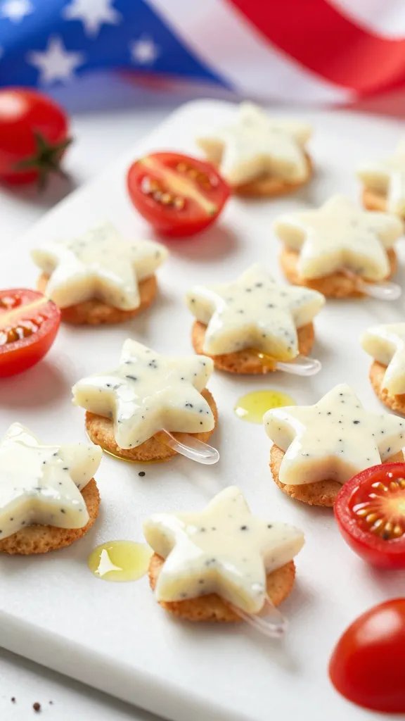 A high-resolution, close-up food photograph of a patriotic appetizer display: a white slate board arranged with bite-sized Cream Cheese Stars, shaped like small stars from the described mixture, each star glossy and speckled with delicate mozzarella flecks. The stars are perched on tiny cracker bases or small translucent spoons, with a few bright quartered cherry tomatoes tucked among them to emphasize color contrast. Surround the stars with festive, subtle Fourth of July elements: a soft red-white-and-blue bokeh background, a light drizzle of olive oil glinting under natural light, and a few fresh herbs for texture. Use shallow depth of field to keep the stars in sharp focus while softly blurring the background, ensuring the main subject—the Patriotic Poppers: Cream Cheese Stars That Sparkle—dominates the frame. no text on image.