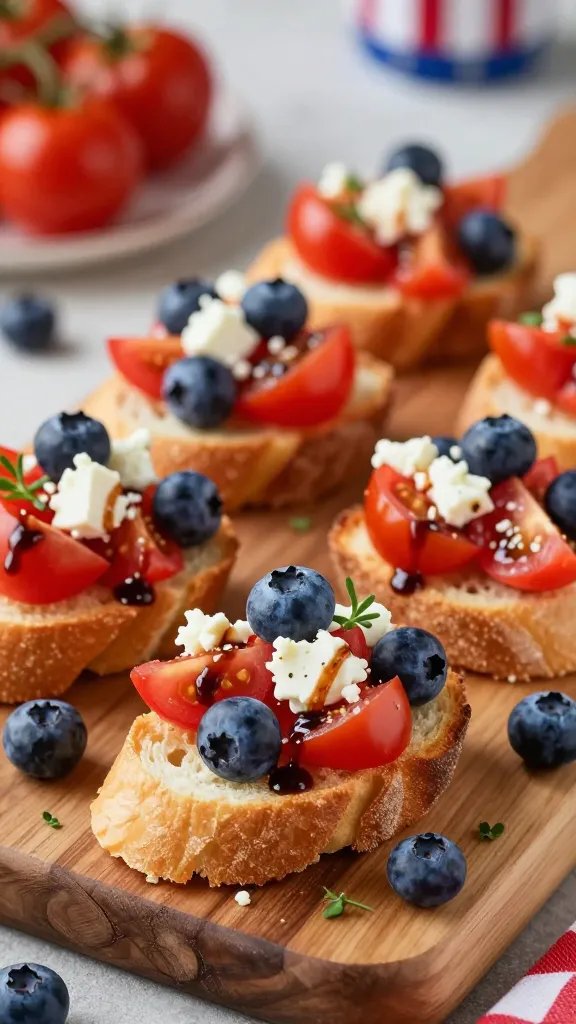 A high-resolution, hyper-realistic food photograph of Red, White, and Blue Bruschetta Bites arranged on a rustic wooden board. Feature 1/2-inch baguette rounds toasted to golden brown as the base, topped with a vibrant mixture of diced cherry tomatoes and plump fresh blueberries, accented with crumbled feta. Include a light sheen from a balsamic glaze drizzle across the tops and a few stray blueberry halves for color pops. The scene should be styled for a Fourth of July grazing spread, with warm ambient lighting, subtle bokeh in the background, a soft red, white, and blue color palette suggested through ingredients rather than flags, and a few sprigs of fresh herbs for garnish. No text.