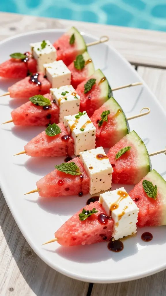 A close-up, high-resolution photo of elegant Firecracker Watermelon Feta Skewers arranged artfully on a long white porcelain platter, photographed from a slight top-down angle to highlight the layers. Skewers alternate vibrant pink watermelon cubes, creamy white feta, and bright green torn mint, with a light sheen from a subtle balsamic glaze. A few skewers are propped on the skewers’ ends to display the alternating pattern, while a delicate drizzle of balsamic reduction glazes the platter in a zigzag, adding depth and contrast. The background suggests a chic poolside setting with soft, natural daylight, a hints of turquoise water in the distance, and a clean wooden surface or light marble table to accent the fresh, summery feel. The composition should evoke a crave-worthy, bite-sized, shareable appetizer ready for quick rotation at a Fourth of July gathering, with crisp, juicy textures and vibrant colors emphasized. No text or logos on the image.