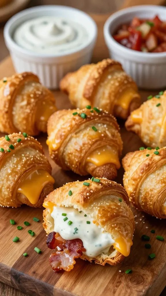 A close-up, high-contrast still-life of BBQ Ranch Hot Cheesy Bites plated on a rustic wooden board. Centered are several golden-brown crescent-dough bites with visible melted cheddar oozing from the seams, each bite gently bulging to show the layered crescent texture. A few bites are open-faced to reveal a creamy ranch filling and crumbled crispy bacon inside. Surround the bites with a light dusting of fresh chopped chives for a pop of green. Include a small ramekin of extra ranch dipping sauce and a separate ramekin of smoky salsa off to the side. Warm, natural lighting highlights the glossy cheese, flaky dough, and bacon bits, with shallow depth of field keeping the bites sharp while softly blurring the background. No text, natural color palette of golds, creams, browns, and greens.