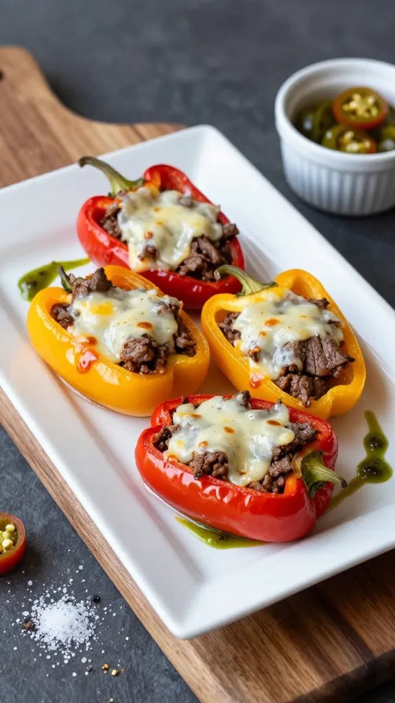 A realistic, high-quality food photograph of a plated appetizer scene featuring Mini Philly Cheesesteak Stuffed Peppers as the main subject. Centerstage is a small, glossy white rectangular plate holding four halved mini bell peppers stuffed with savory beef and melted provolone, cheese just barely bubbling at the edges. The peppers showcase vibrant red and yellow hues, the beef filling finely browned, with a light sheen from natural juices. A delicate drizzle of tangy pepperoncini sauce decorates the plate in a zigzag pattern, adding a contrasting emerald-green note. Surround the plate with a rustic wooden board or dark slate backdrop, accented by a lightly crumbled salt, a few cracked black pepper specks, and a small ramekin of extra pepperoncini on the side. Soft, natural lighting from the left highlights the glossy peppers, melted cheese, and textures of the beef, while a shallow depth of field subtly blurs the background to keep the focus on the stuffed peppers. No text on the image.
