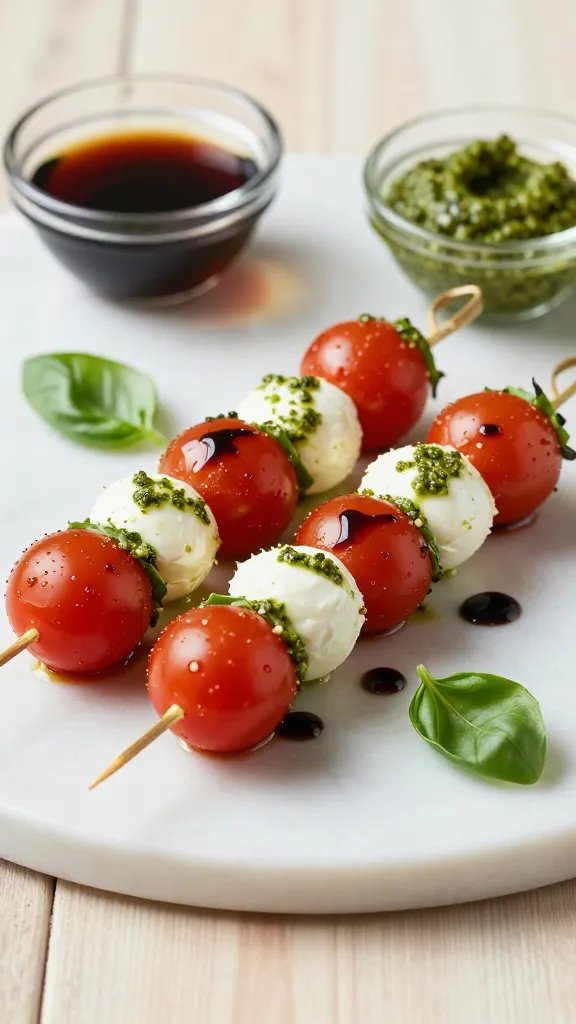A high-resolution, close-up food photography shot of Caprese Skewers with Pesto Zing, artfully plated to resemble a chic restaurant pass. Display 6–8 skewers threaded with glossy cherry tomatoes, plump mozzarella balls, and fresh basil leaves, lightly coated in vibrant green basil pesto with a subtle sheen. Drizzle a delicate balsamic glaze over the skewers and scatter a few torn basil leaves for garnish. Set on a clean, light marble or pale wooden surface with soft natural light from the side, creating gentle shadows and a shallow depth of field that blurs the background while keeping the skewers crisply in focus. Include a small glass dish of balsamic glaze and a tiny ramekin of extra pesto in the background for context. No text on the image.