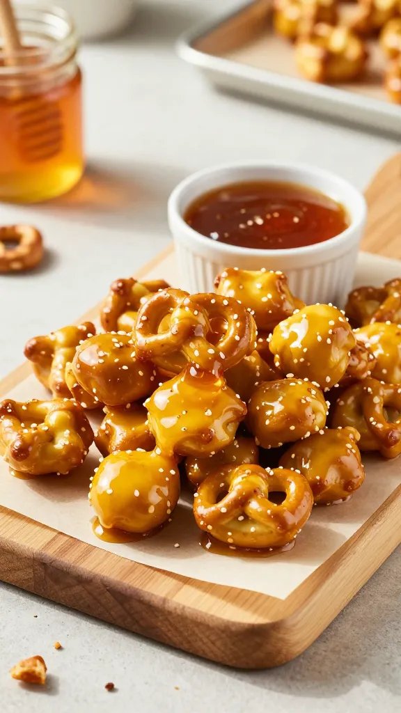 A vibrant, high-contrast food photography shot ofSpicy Honey Mustard Pretzel Bites on a light wooden board, arranged on a rustic baking sheet lined with parchment, with a generous handful of glossy, honey-yellow pretzel bites piled in the center. A small ramekin of extra honey-mrown dipping sauce sits nearby, with a drizzle of the sauce artfully caught mid-air on a few bites to show glaze. Surround the board with a shallow, natural-shadow background of a sunlit kitchen counter and a few scattered pretzel crumbs for texture. Use warm, inviting lighting to highlight the glossy coating, sesame or salt specks on the pretzels, and the sheen of butter glaze. Include subtle props: a tiny jar of honey, a dab of hot sauce in a separate dip cup, and a soft-focus blurred background to keep the focus on the bite-sized treats. No text on the image. The main subject should be the bite-sized pretzel cluster and the dipping sauce, presented as an enticing, snackable tray perfect for a Fourth of July appetizer spread.