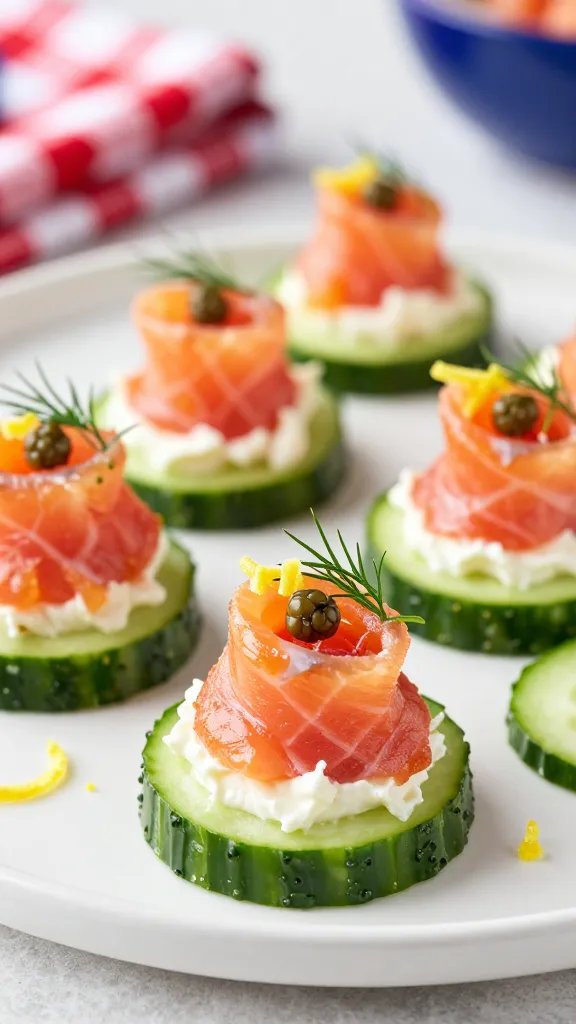 A high-resolution, close-up food photograph of elegant Smoked Salmon Cucumber Canapés arranged on a pristine white platter, styled for a sophisticated Fourth of July spread. The main subject is the cucumber rounds topped with a smooth layer of cream cheese, a neatly rolled slice of smoked salmon, and a single caper or tiny dill sprig garnish, with a delicate twist of fresh lemon zest glinting in the light. The background should be softly blurred to emphasize the canapés, with subtle patriotic accents in the distance (e.g., red-checked napkin, a hint of blue ceramic serving dish) without explicit text or banners. Lighting is bright and natural, highlighting the glossy texture of the salmon, the crisp cucumber edges, and the creamy sheen of the cheese, with shallow depth of field to create a crisp foreground and a soft bokeh backdrop. Include a few extra cucumber rounds on the side and a light drizzle of lemon zest zest to convey brightness, all plated on a clean, modern-tasting surface.