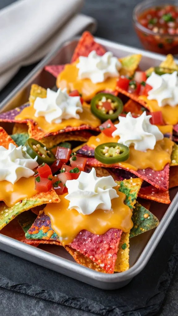 A vibrant, high-contrast food photography shot of Corn Chip Rainbow Nachos as the main subject. A rectangular baking sheet sits on a dark slate surface, loaded with a colorful layer of multicolor tortilla chips topped with melted Monterey Jack cheese, glistening slightly from the oven. The nachos are arranged in a slightly triangular pile for depth, with bright dollops of pico de gallo and small ruffles of sour cream scattered on top. Thin slices of jalapeño are added sparingly for a pop of green and heat. The edges of the chips reveal a radiant rainbow of colors from the chips themselves, emphasized by warm, natural lighting that enhances the glossy cheese, fresh salsa, and creamy dollops. A small ramekin of extra salsa sits to the side, and a subtle, shallow depth of field keeps the nachos crisp and in focus while the background remains softly blurred. Plate and napkin are minimal to keep all attention on the colorful chips and toppings. No text on the image.