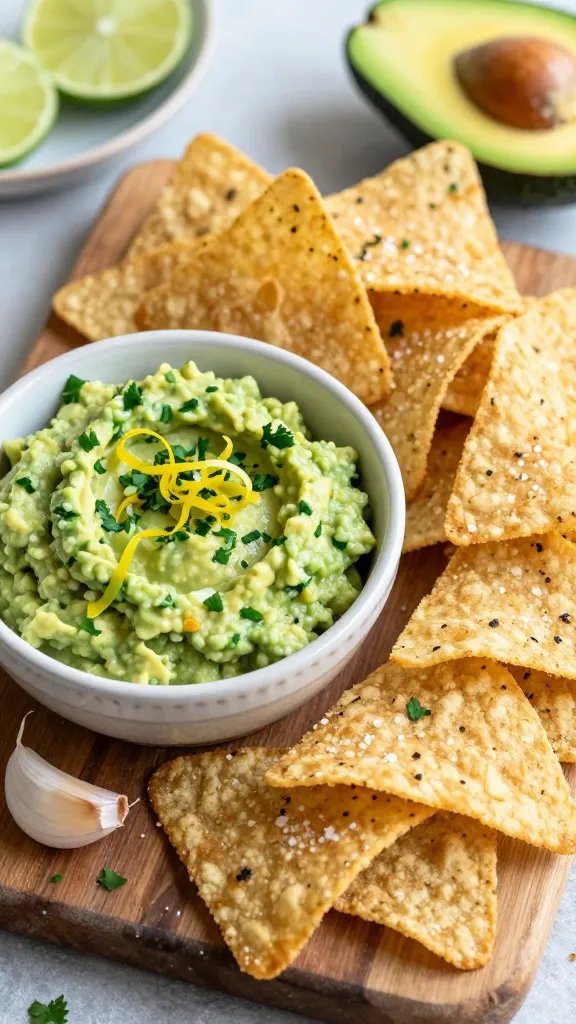 A high-resolution, food-photography styled image featuring a vibrant plate of Garlic Herb Chips with a creamy avocado dip as the main subject. Arrange a rustic wooden board or slate platter with a generous mound of crispy, golden pita or tortilla chips at one side, lightly salted, with a smooth, lime-flecked avocado dip in a small, chic ceramic bowl beside them. Scatter chopped herbs (parsley, cilantro) and a few lime zest curls over the dip for a zippy touch. Include a halved avocado with the pit removed and a small garlic clove near the dip to hint at ingredients, but keep the focus on the chips and the dip. Use natural outdoor lighting or soft studio lighting to create bright, fresh colors: avocado green, lime green, warm gold chips, and crisp textures. Shoot from a slightly elevated angle (about 45–60 degrees) to capture the creamy dip’s texture and the crunch of the chips, with a shallow depth of field to softly blur the background while keeping the chips and dip in sharp focus. No text on the image.