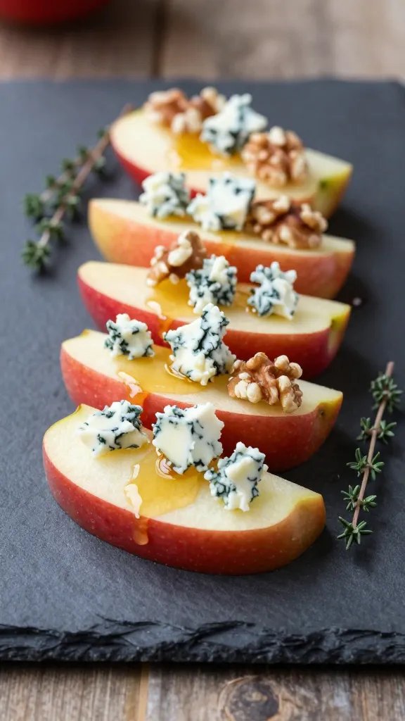 A high-resolution, close-up food photograph featuring a stylish appetizer plate centered on a rustic slate board. The main subject is Blue Cheese Apple Bites: crisp apple wedges topped with crumbled blue cheese and chopped walnuts, lightly drizzled with honey, arranged in a neat cluster. Include a few thyme sprigs for aroma and a subtle drizzle of honey in the background to add sheen. Use warm, natural lighting to enhance the contrast between the red-skinned apple, creamy blue cheese, and walnut textures, with shallow depth of field to softly blur the background. Compose the plate with 6–8 bites in an artful, slightly asymmetrical arrangement, and ensure the main subject remains the focal point. No text on the image.