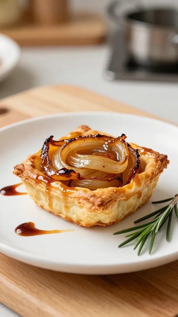 A close-up, high-resolution still life of a single glossy, golden-brown caramelized onion tartlet on a pristine white minimalist plate. The tartlet sits atop a light wooden cutting board with a soft, shallow depth of field that softly fades into a warm kitchen backdrop. The puff pastry square is perfectly risen with a delicate, crisp edge, filled with deeply caramelized onions that glisten slightly, showing layers of glossy amber and caramel color. A light drizzle of balsamic glaze streaks artfully across the plate, with a small sprig of fresh rosemary adding a pop of green as a garnish. Natural, diffused lighting highlights the sheen of the onions and the buttery bake of the puff pastry, creating a mouth-watering, inviting scene that emphasizes the tartlet as the main subject with a cozy, festive Fourth of July kitchen vibe. No text.