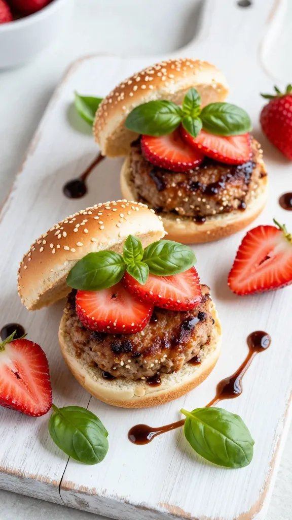 A high-resolution, photorealistic close-up of two bite-sized Five-Ingredient Strawberry Basil Sliders on a rustic white wooden platter. The sliders sit on mini sesame-topped buns, each patty golden-brown and juicy, topped with thin strawberry slices and a single bright basil leaf, with a delicate drizzle of balsamic glaze artfully circling the plate. Surround the sliders with a few fresh strawberry halves and scattered basil leaves for a garden-fresh vibe. Soft natural light from the left highlights the glossy glaze and juicy textures, creating a celebratory yet simple, summery presentation suitable for a Fourth of July appetizer tray. No text.