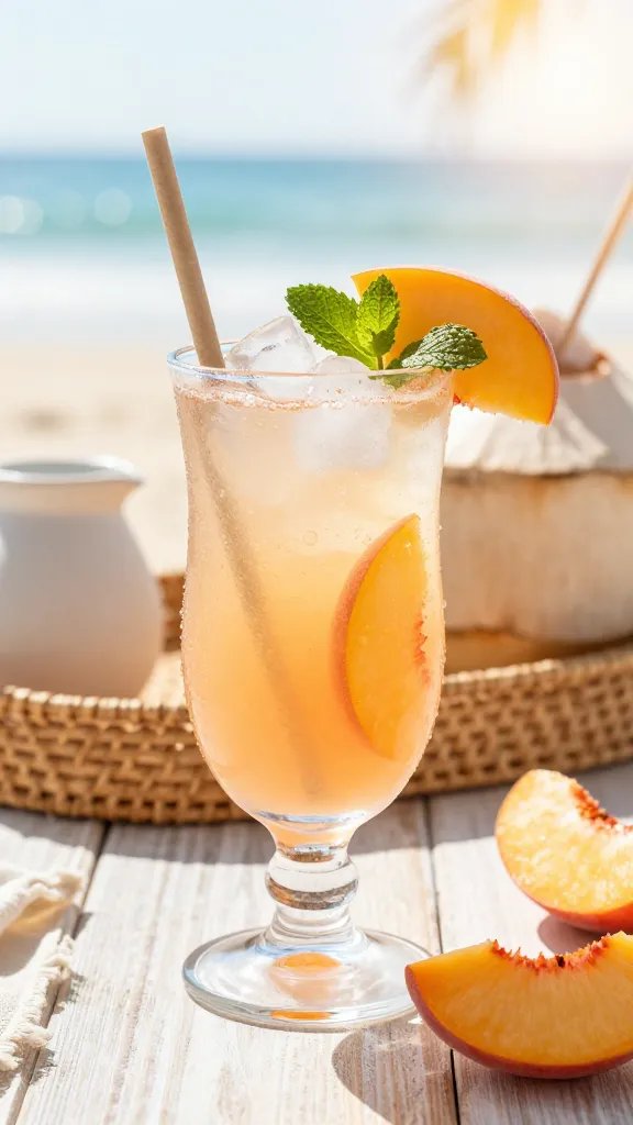 A high-realism food photography shot of a peachy coconut water cooler styled for a beach vacation vibe. Centerpiece is a tall, clear glass filled with pale peach-tinged coconut water, topped with sparkling water and a few ice cubes, with droplets of condensation on the glass. Add fresh peach slices fanned inside and around the rim, a sprig of fresh mint resting on the ice, and a thin paper straw positioned naturally in the glass. Surround the glass with a light, sunlit scene: a woven rattan tray, a small ceramic pitcher of coconut water, and additional peach slices scattered on a rustic wooden table with soft white beachy fabric, and a blurred background suggesting a seaside brunch. Warm golden hour lighting highlights the peaches’ juicy texture and the effervescence of the drink, with subtle lens flare for a vacation-ready, refreshing atmosphere. No text or logos in the image.