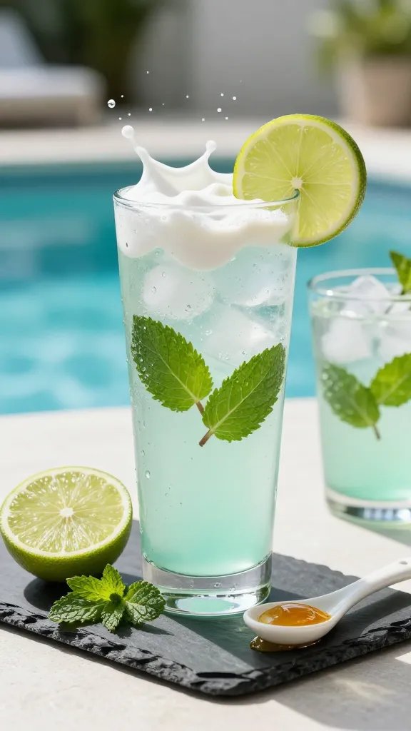 A high-resolution, photorealistic image of a refreshing Minty Lime Coconut Water Refresher set on a sunlit outdoor poolside table. Centerpiece is a tall, frosted glass filled with pale turquoise coconut water, ice cubes, and crushed mint leaves, topped with a bright lime wheel perched on the rim. Surround the glass with a small slate board holding a freshly cut lime half, a few mint sprigs, and a drizzle of honey on a tiny ceramic spoon. Include a subtle splash of coconut cream swirling at the top for a creamy variant, with a second short glass containing a similar drink in the background. Ambient sunlight creates glints on the condensation of the glass, soft bokeh in the background suggesting a summer lounging vibe, and cool shadows to emphasize freshness. Use natural colors: emerald green mint, lime green zest, cloudy coconut water, and clear ice, with a clean, uncluttered composition. No text on image.