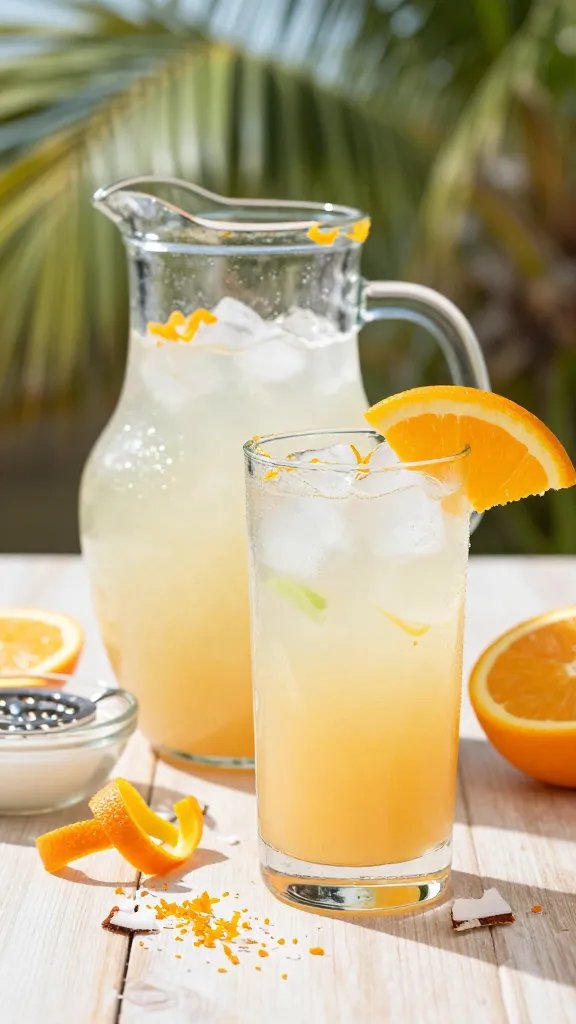 A high-resolution, sun-drenched still life of Sunrise Coconut Water Agua Fresca in a clear glass pitcher and a matching tall glass, placed on a light wooden surface with a softly blurred tropical background. The pitcher is half-full with a pale, icy coconut color and visible ice cubes, garnished with a curl of orange zest along the rim. The glass beside it shows a refreshing, pale orange-coconut beverage with a few ice cubes and a delicate swirl of lime juice visible through the glass. Include a small bowl of freshly squeezed orange juice with a citrus reamer and a few extra orange zest strips, plus a thin slice of orange perched on the rim of the glass. Scatter a few fresh coconut shavings and a light dusting of orange zest on the surface for texture. The lighting is bright and natural, capturing condensation on the glass, emphasizing the tropical morning vibe, with the main subject clearly centered and the scene composed to convey refreshment and a sunny, summery mood.