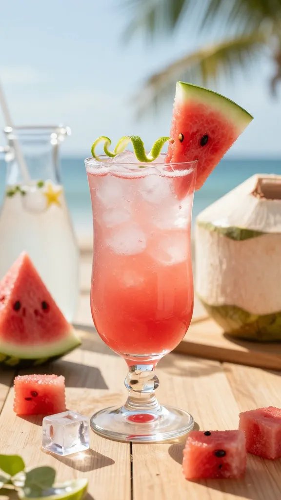 A high-resolution, photorealistic still-life of a refreshing Watermelon Coconut Cooler, presented on a sunlit outdoor wooden table. The frame centers a tall, slender glass filled with icy, pale pinkish-coral coconut-water and watermelon juice, garnished with a bright watermelon slice perched on the rim and a spiral lime zest curl resting on top. Surround the glass with a few ice cubes glinting in the light, half-maped chunks of watermelon, and a small, elegantly placed pitcher of extra coconut water in the background. Use natural golden-hour lighting to create soft shadows and a warm, summery glow. Include a light, airy backdrop with hints of blue sky and tropical greenery blurred in the distance. The composition should feel inviting and vibrant, emphasizing hydration, freshness, and playful summer refreshment. No text on the image.