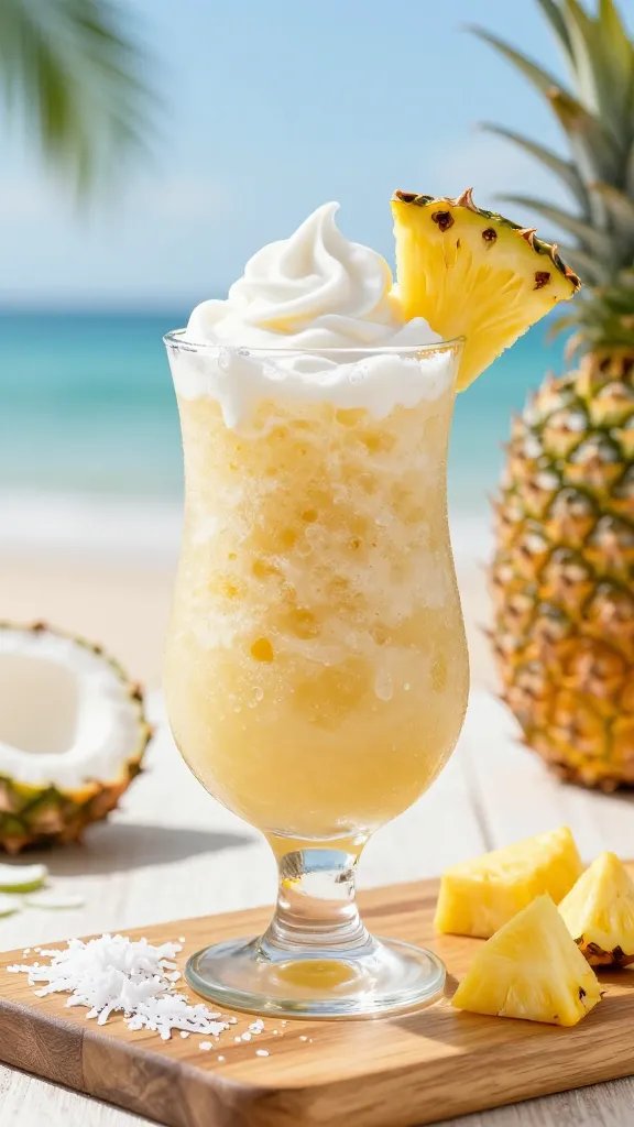 A high-resolution, hyper-realistic photograph of a frosty, tropical-looking pineapple coconut paradise drink served frozen in a tall, clear glass, presented on a sunlit wooden dessert board. The glass is filled with a pale golden-pineapple slush, speckled with tiny ice crystals, with a delicate swirl of coconut cream creating a velvety texture at the top. A fresh pineapple wedge sits on the rim as garnish, and a light condensation bead glistens on the glass. Surrounding elements include a dusting of shredded coconut on the board, a few pineapple chunks scattered nearby, and a soft-focus backdrop of a bright, sunny outdoor scene suggesting a vacation vibe. The main subject should be the frozen pineapple-coconut drink, evoking refreshing summertime indulgence without any text overlays.